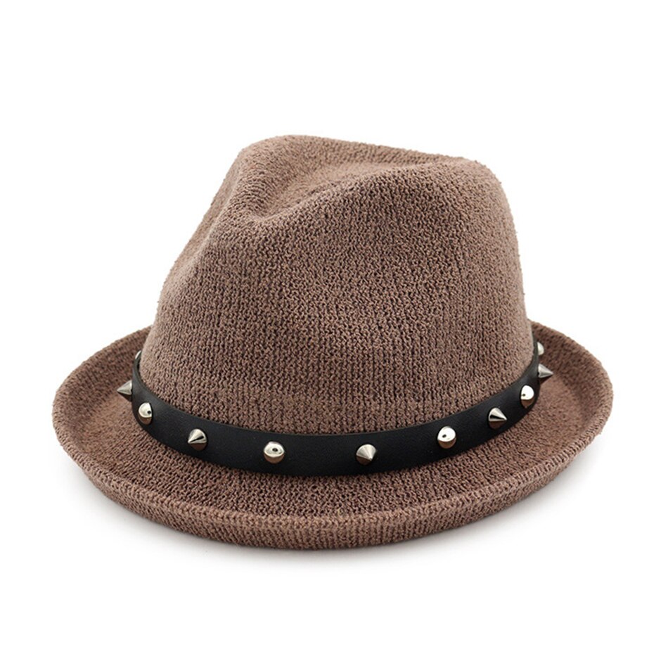 Buttermere fedora hoed dames klinknagel effen beige trilby hoed jazz hoed casual lus garen zomer herfst vrouwelijke punk rock pet: Rode bonenkleur