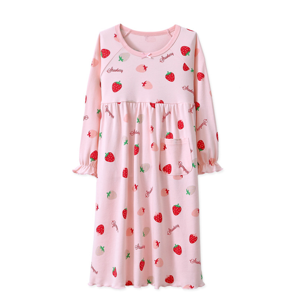 Aardbei Katoen Meisje Nightgowns Kids Nachtkleding Jurk Lange Mouw Zachte Nachtkleding Kids Jurken voor Meisjes: Roze / 10