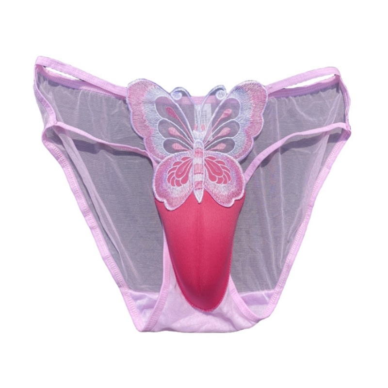 Sexy Men's Lace Underwear CD Cross-dressing Briefs Low-Waist Mesh Hollowed Transparent Butterfly Embroidery Underpants Underwear: XL / Yellow