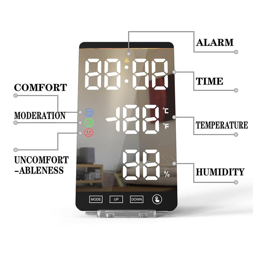 Praktisk digitalt led vækkeur multifunktionelt vejrstation termometer spejl ur display
