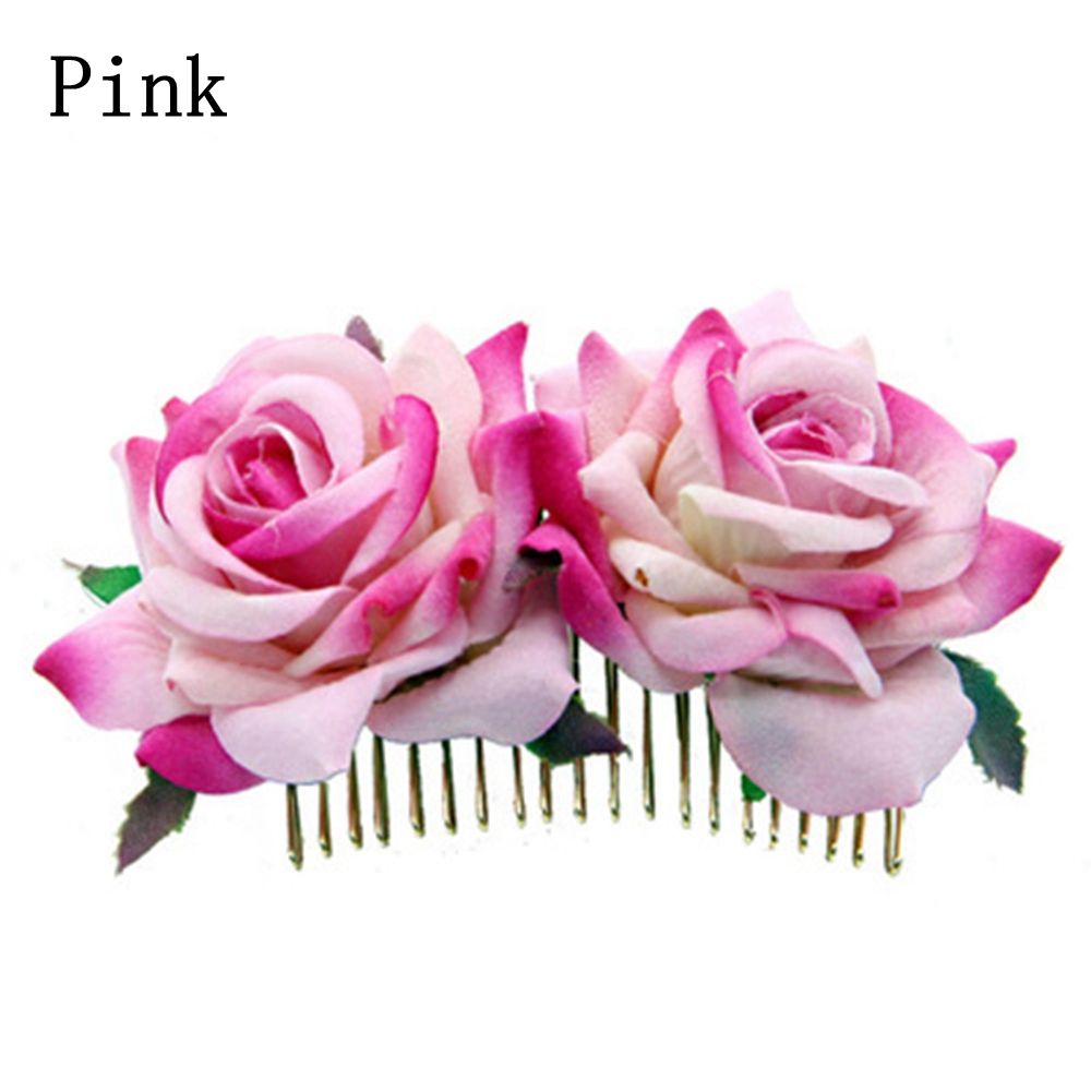 White/Red Rose Flower Hair Combs Wedding Bridal Jewelry Women Prom Headpiece Charm Hair Accessories Hair Pins Clips: pink