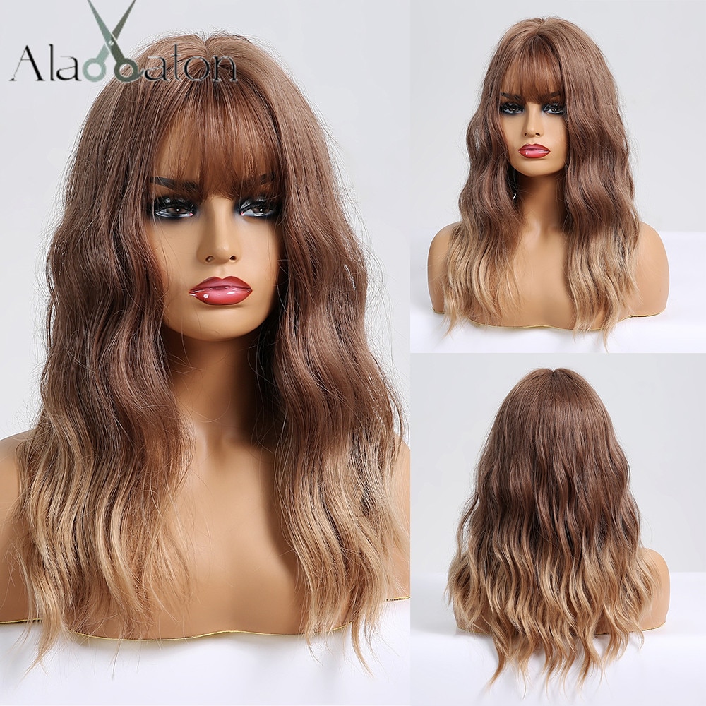 Pelucas de pelo sintético ALAN EATON, color negro, marrón, gris, ondas de agua medianas para mujeres negras, pelucas de parte media, fibra resistente al calor