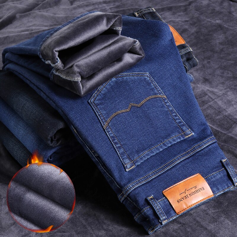 Heren fluwelen business jeans broek met vlokken, warme zachte herenbroek, geschikt voor  -10 graden celsius winter warme dikke fleece jeans