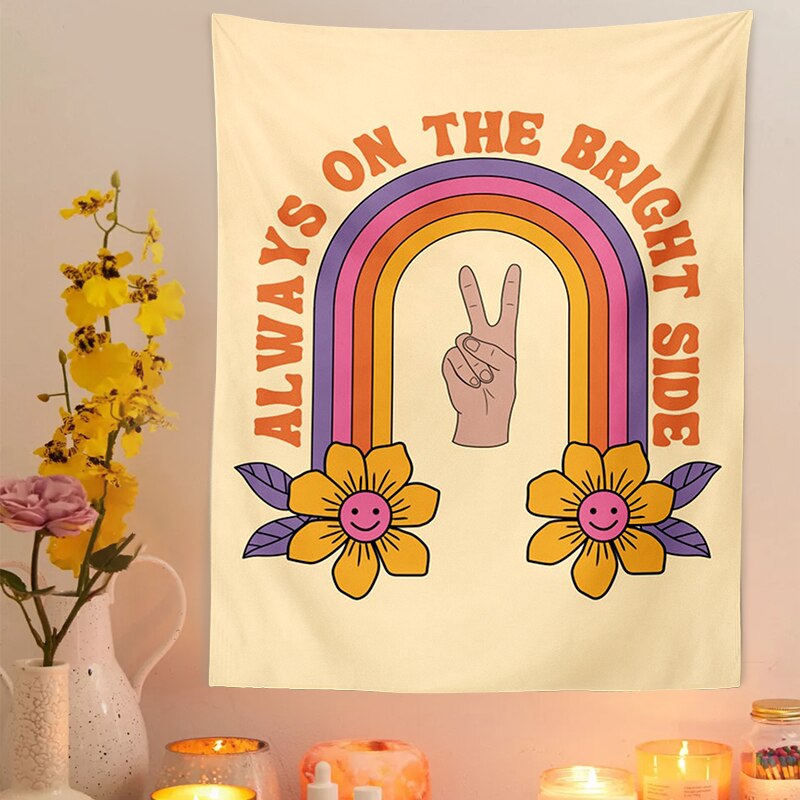Tapiz de sol Retro para colgar en la pared, tela de pared estética Vintage de 80s y 70s, flores, decoración Hippie, sala de estar, dormitorio, estampado bohemio