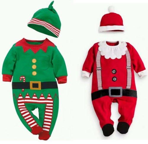 Jul romper baby santa claus overalls hat lange ærmer nyfødte spædbarn piger drenge 0-24 måneders tøj fest