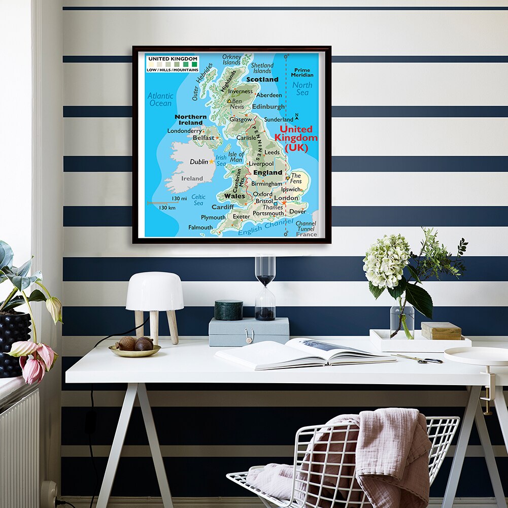 90*90cm Orographic Map of The United kingdom Non-woven Canvas Painting Wall Poster Classroom Home Decoration School Supplies