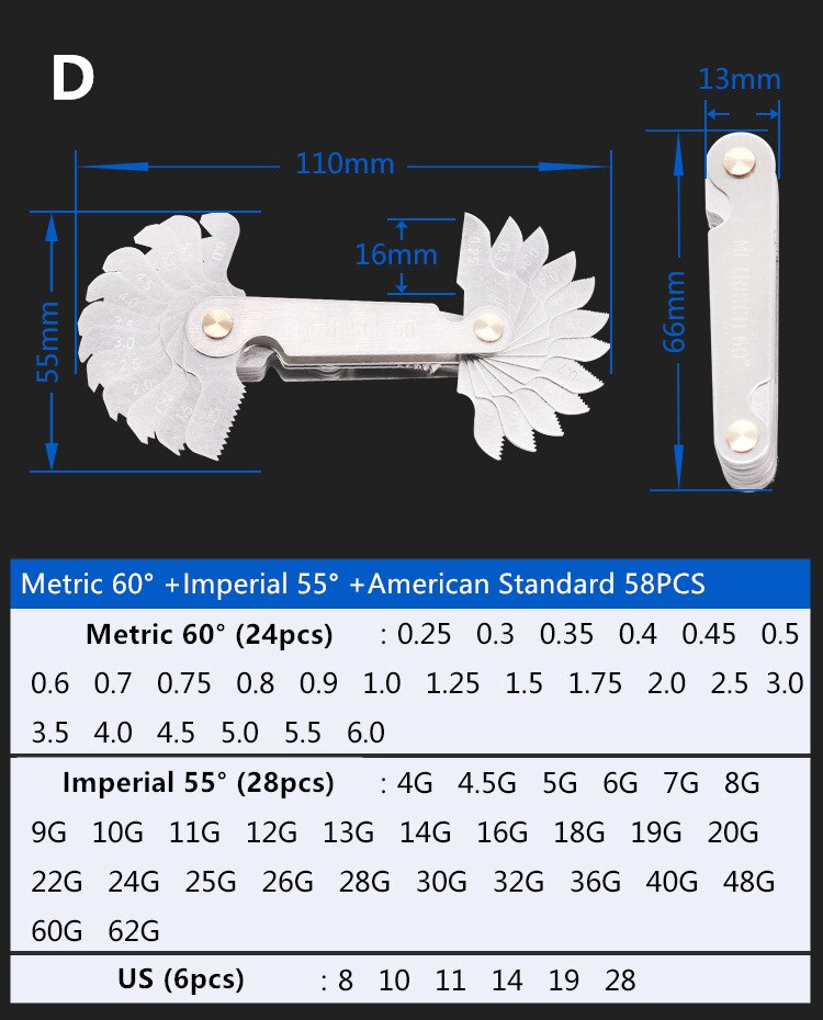 neue 30/51/52/58PCS 60/55 ° Gewinde Mess Gage Gauge Edelstahl Metrische Kaiser UNS Schraube Pitch Gewinde Stecker Gage