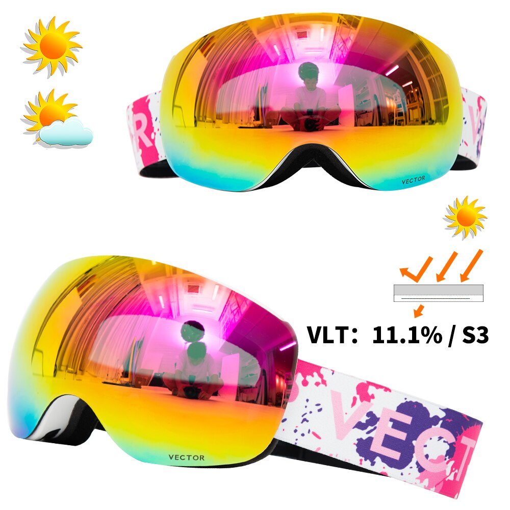 Vector Magnets OTG Ski Goggles Spherical Wide View Sunglasses Snow Glasses Anti-fog Interchangeable Lens