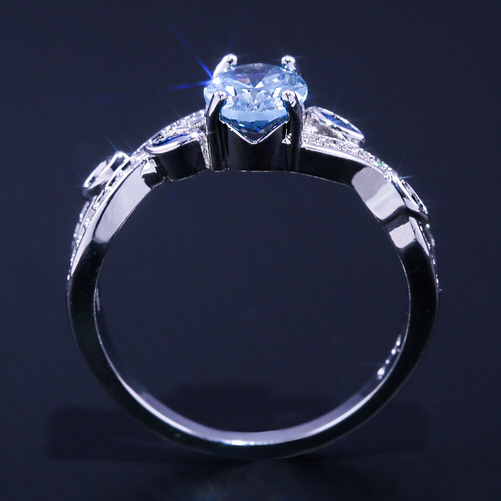 Huitan Cirrus Twist Kronkelende Met Schattige Bladeren Vrouwen Ringen Met Brilliant Sky Blue Kubieke Zirkonia Steen Vrouwelijke Sieraden Ring