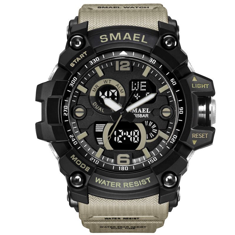 SMAEL Luxe Dual Display Horloges Mannen Sport multifunctionele Waterdichte LED Elektronische Digitale Horloge Alarm Week Datum Relogio: Khaki 