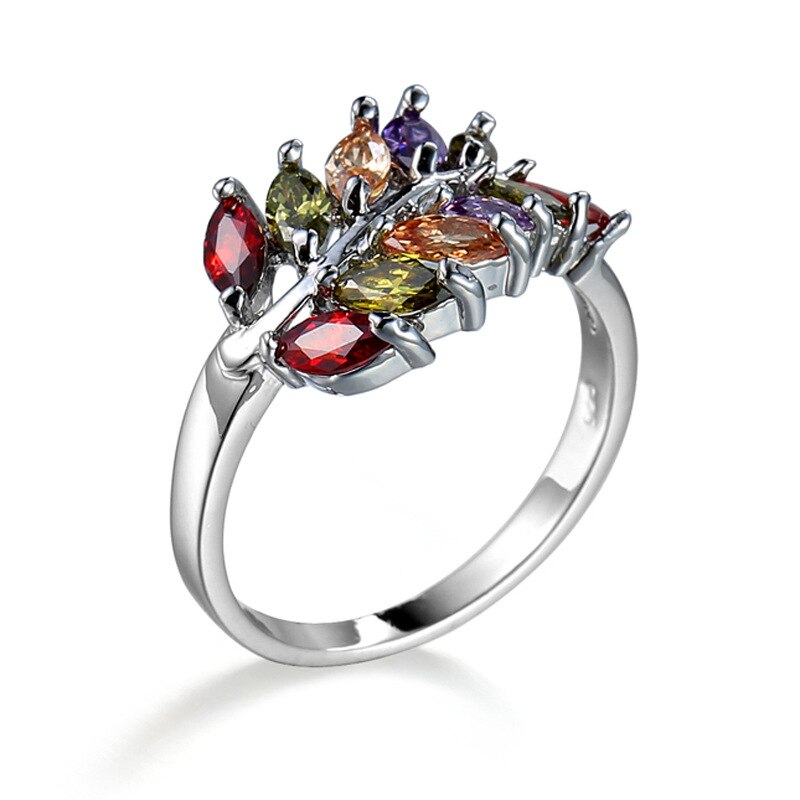 Valentine's Day Silver Color Leaves Tree Branch Ring For Woman Girls Simple Anillos Aneis Multicolors Crystal Silver Finger Ring