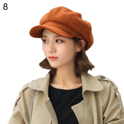 SALES! British Style Felt Solid Color Wide Brim Women Beret Autumn Winter Warm Peaked Cap Hat Artist Easy-matching: Caramel
