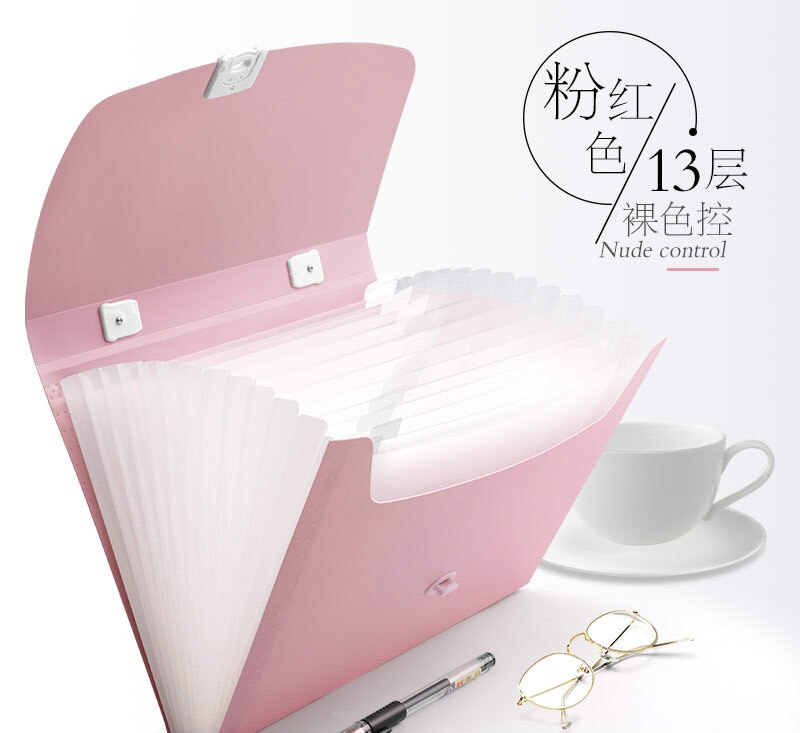 13 Grids Handheld File Folder Organ Box Bag Multi-function Organizer Storage Holder Office Document A4 Paper Folder: 13 Grid Pink