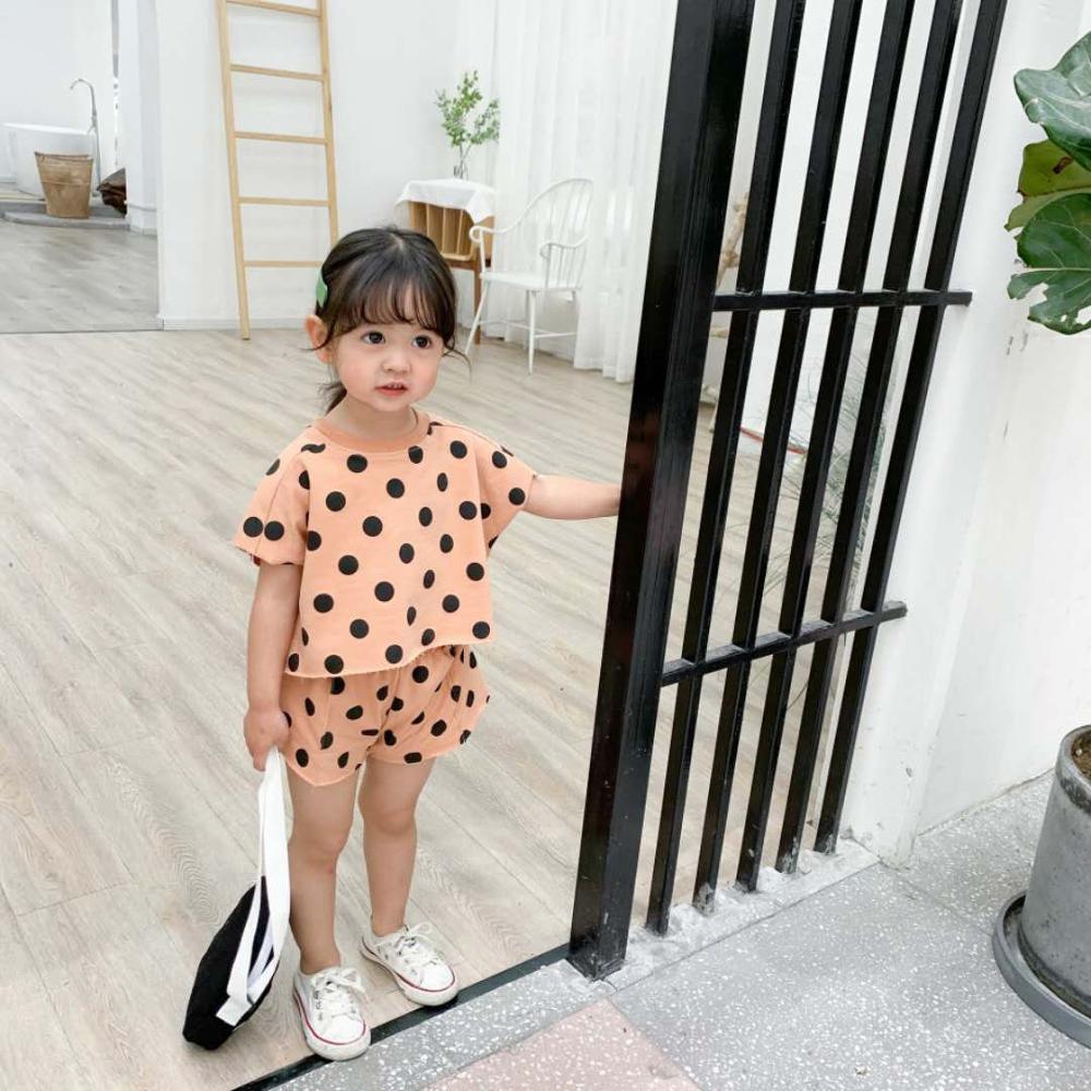 Primavera verão crianças roupas 2 pçs de malha algodão em torno do pescoço manga curta roupas da menina do bebê polka dot camiseta polka dot shorts