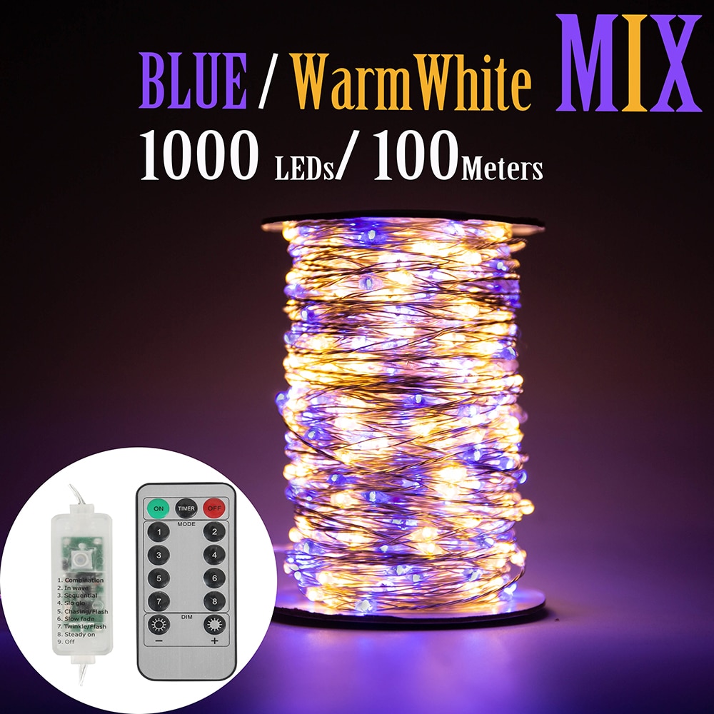 Guirnalda de luces LED de alambre plateado, adaptador impermeable para árbol, decoración de vacaciones de Navidad al aire libre, 50M, 1000 LED, azul, blanco cálido