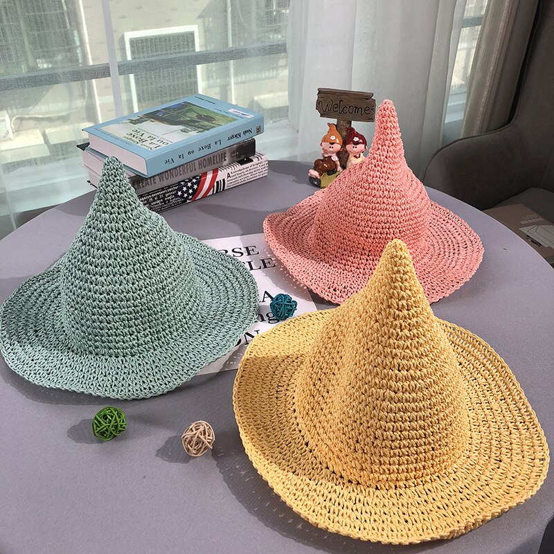 Sombrero de paja de verano para niña, bebé, playa, protección solar, gorra informal para niños, protección solar, protección solar, sombreros de bruja, gorras de Color sólido H7375
