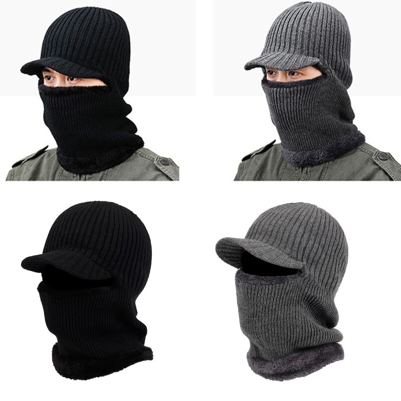 Men Winter Knitted Balaclava Beanie Hat with Windproof Visor Thermal Plush Lining Neck Warmer Cycling Ski Mask Hood Cap