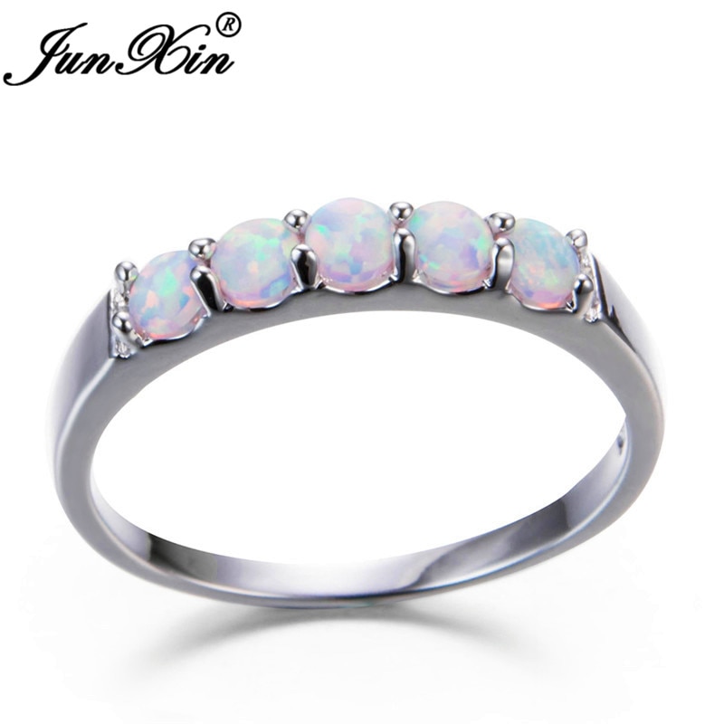 JUNXIN 925 Sterling Silver Filled Best Wedding Bands Jewelry Unique Round White Fire Opal Rings For Women Lover