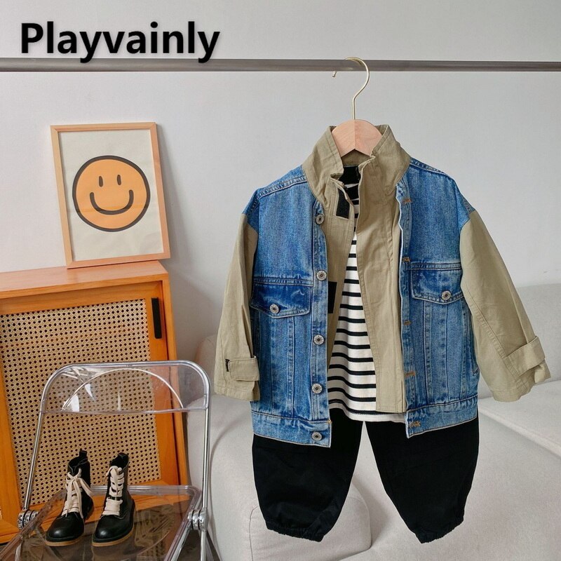 2021 vendita calda autunno bambini ragazzi ragazze cappotto patchwork maniche lunghe falso due giacche bambini Denim capispalla stile Casual E425