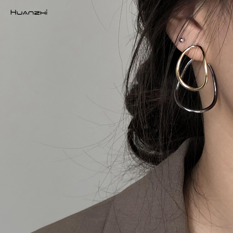 HUANZHI Gold Silver Color Double layer Metal Geometric Water Oval Stud Earrings for Women Minimalist Jewelry