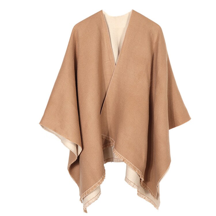 Mode Dubbele Kanten Winter Poncho Kasjmier Vrouwen Poncho Sjaal Foulard Femme Wollen Sjaal Poncho En Caps Tassle: CAMEL