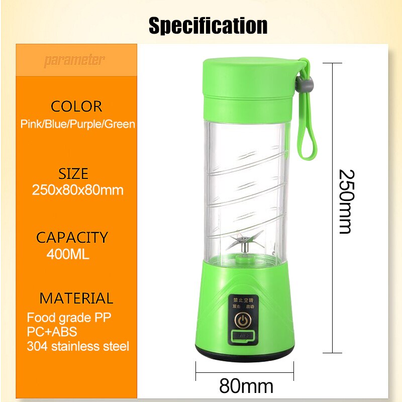 400ml 6 Blades Portable Blender USB Mixer Electric Juicer Machine Smoothie Blender Mini Food Processor Fruit Blender Juicing Cup