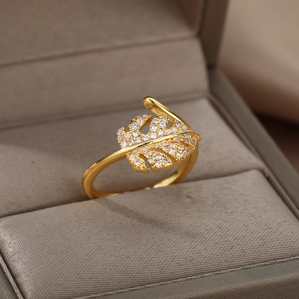 Palmenblattförmige ringe für damen, edelstahl, zirkonia, verstellbarer fingerring, partyschmuck, Schmuckstück femme