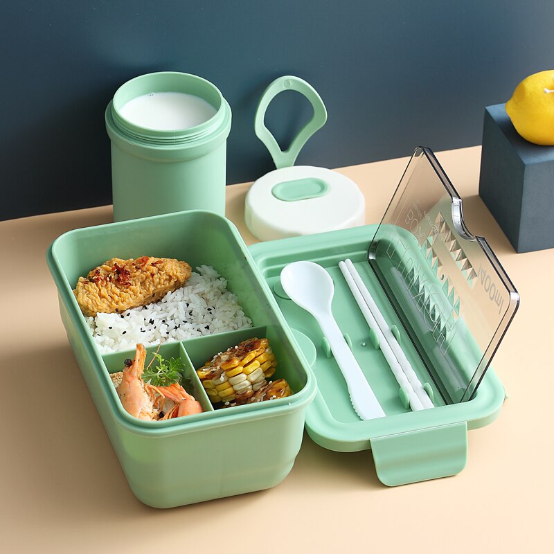 Grid Microwave Lunch Box Portable Japan Compartment Bento Box Simple Style Fruit Salad Container Storage For Kids With Tableware: GREEN add CUP
