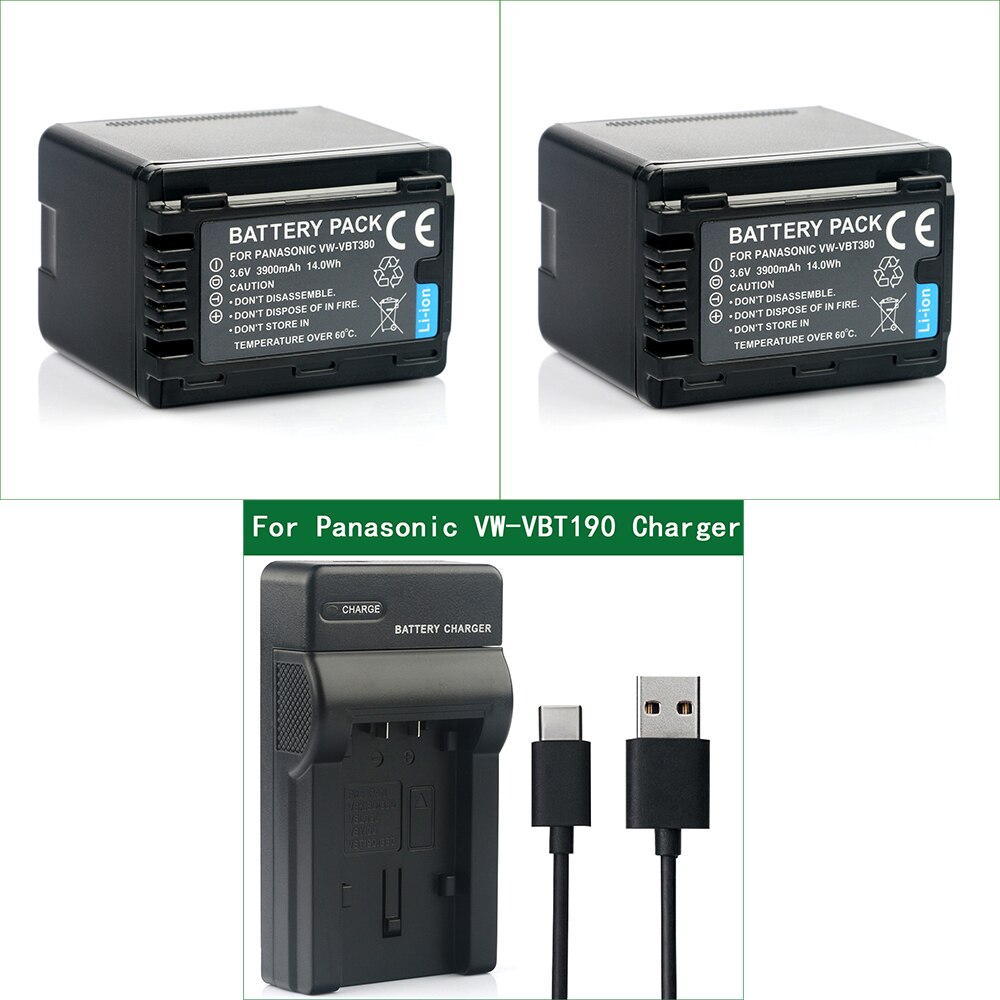 Vw-vbt 380 vw vbt 380 vbt 190 batteri + oplader til panasonic hc  v510 v520 v720 v750 v770 v800 vx1 vx870 vx980 w570: 2 batterier 1 oplader