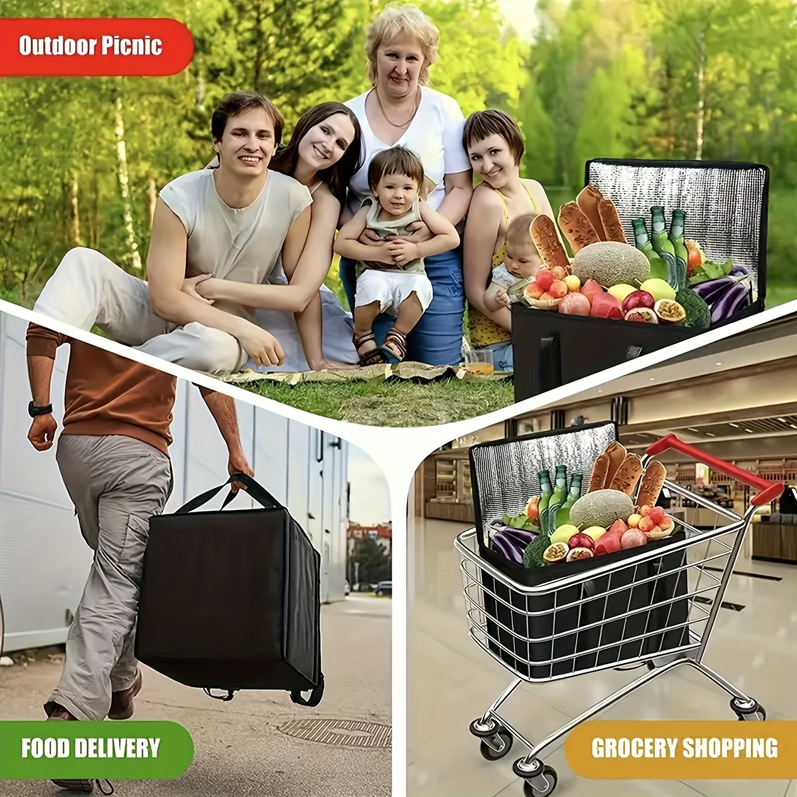 1pc Large Capacity Insulated Bags Foldable Reusable Soft Cooler Bag Lightweight To Keep Cold Takeout Food Bag