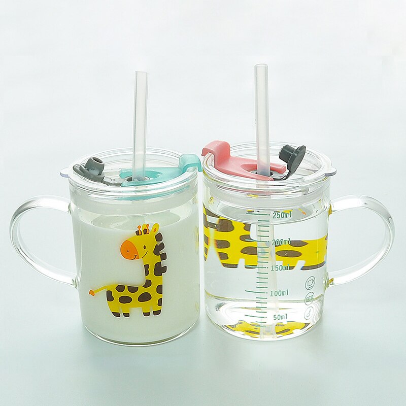 250ML Children Cartoon Cute Animal Pattern Glass Learn To Drink Cup with Straw Lid Milk Drink Mug Heat Resistant Safety Coffee