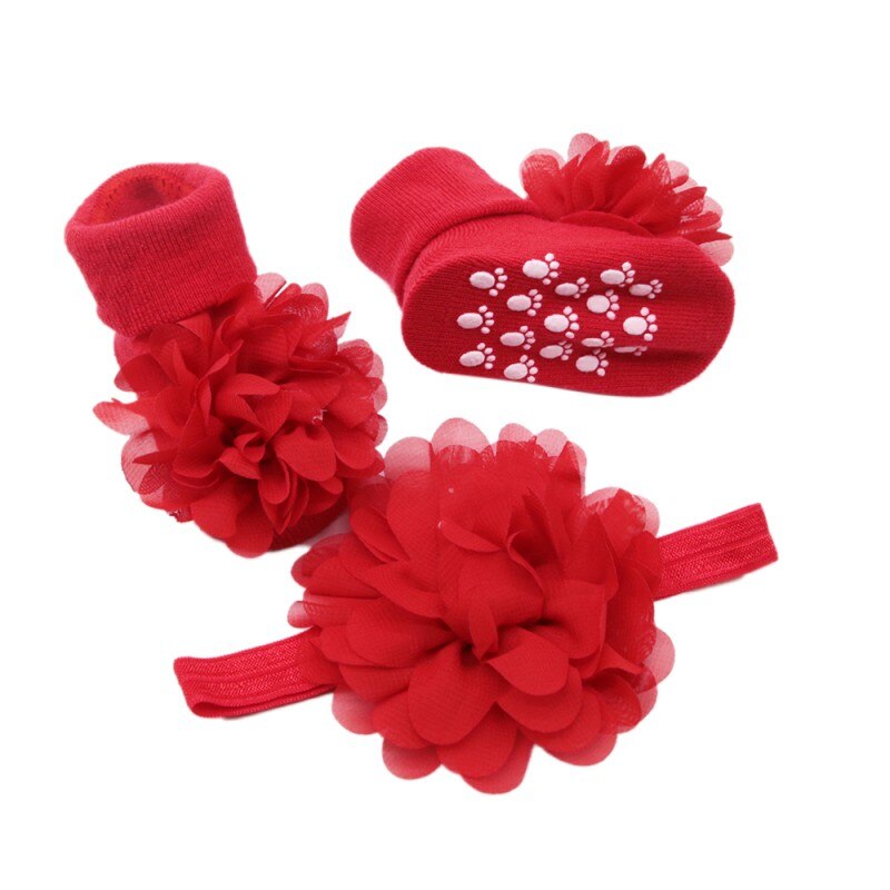 2PCS/Set Newborn Soft Socks Baby Big Velvet Stretch HeadBand+Non-slip Cotton Socks Two-piece Children Headwear Hairband
