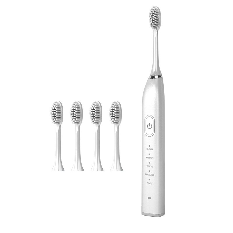 Ultrasonic Electric Toothbrush USB Rechargeable 5 Modes Toothbrush Waterproof Whitening Teeth Brush: white