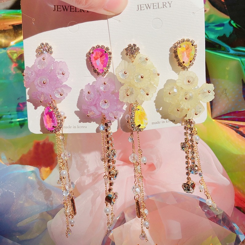 Mengjiqiao Koreaanse Mode Bijoux Waterdrop Crystal Tassel Lange Dangle Oorbellen Elegante Acryl Bloem Boucle D' Oreille Femme