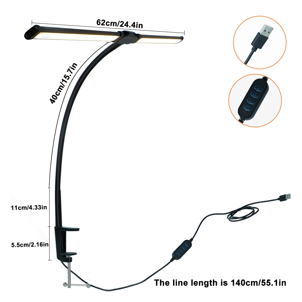 Lampada da scrivania per protezione degli occhi a doppia testa Luce regolabile a 10 livelli Clip LED da 10 W Collo di cigno flessibile Illuminazione per ufficio domestico Luci da scrivania: Black