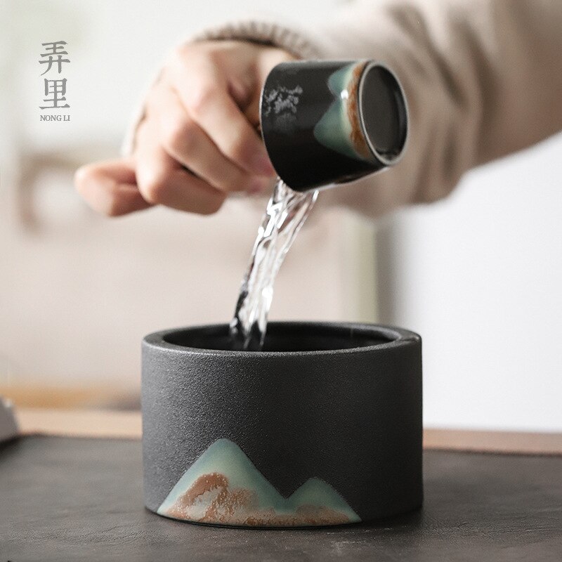 Tea Wash Large Japanese Zen Household Black Porcelain Tea Cup Washing Utensils Tea Tray Jianshui Tea Wash Tea Basin