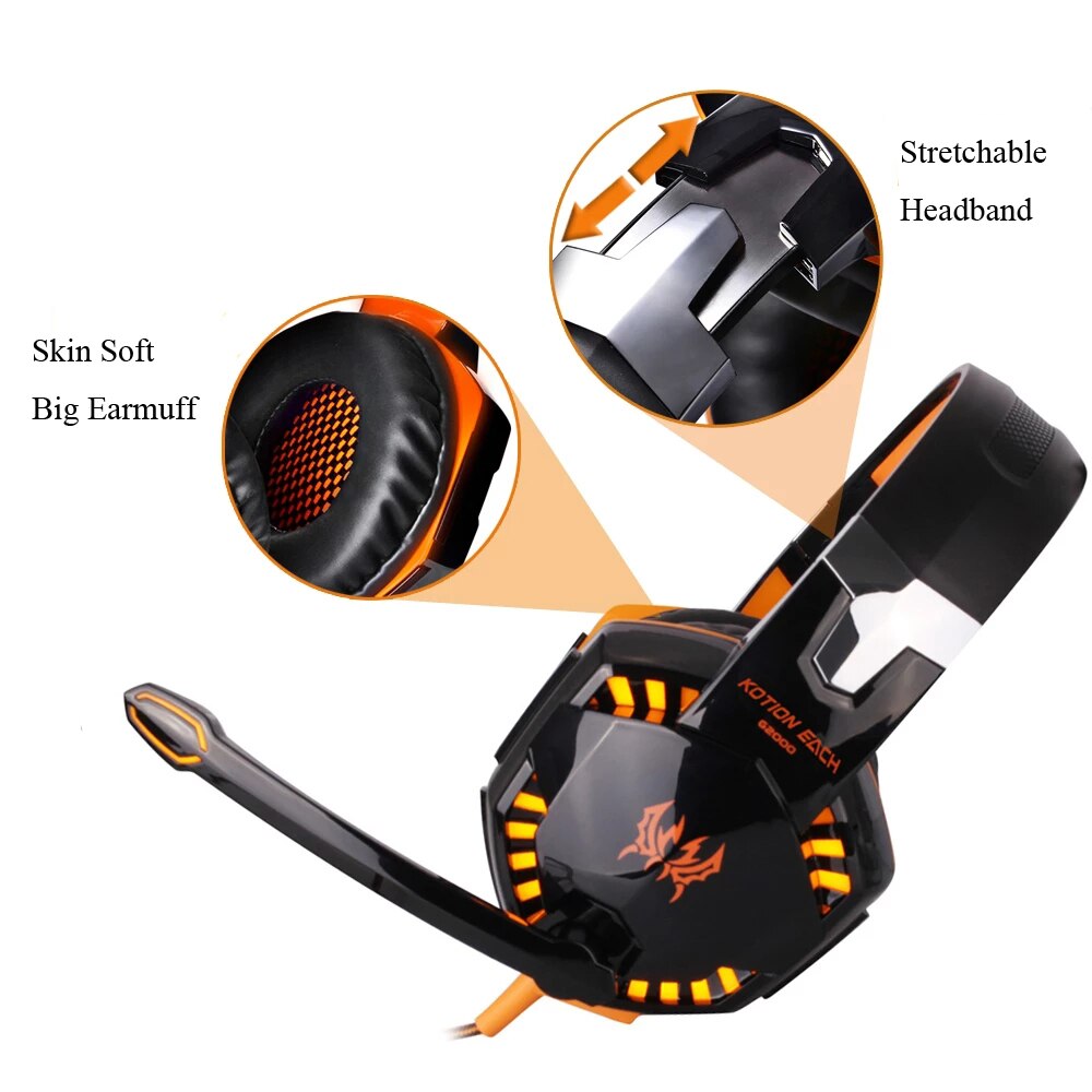 Kotion Each G4000 G2000 G9000 3.5mm Écouteurs de jeu filaires avec lumière LED et Micropone, pour PC, PS4, Xbox, ordinateur portable