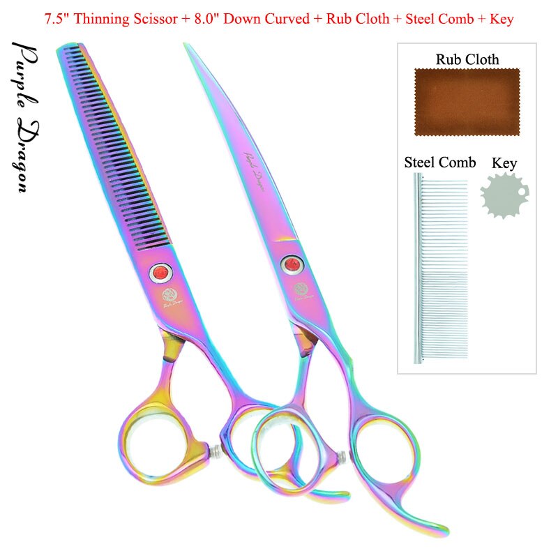 8.0 &quot;lila Drachen Hunde Pflege Schere Haustiere Gerade Gebogen Schneiden Tijeras Friseur 7.5&quot; Ausdünnung Scher Ebene Trimmer B0051B: B0051B-13-80