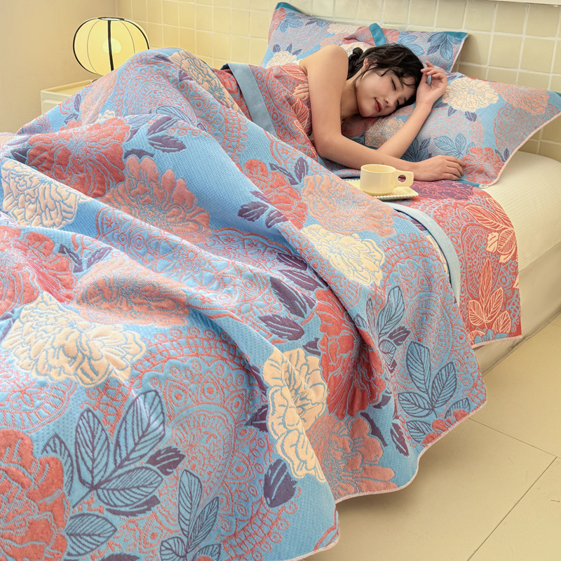 Luxe katoenen jacquard geweven 3-laags gaas badstof dekbed - ademende deken voor het hele seizoen voor thuisreizen: 100x150cm / Blauw