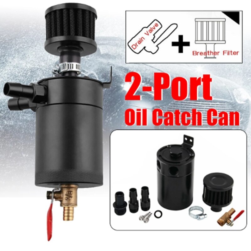 Universal 2-Port Aluminum Oil Catch Can with Drain Valve Breather Filter Compact Baffled Oil Catch Fuel Tank Part