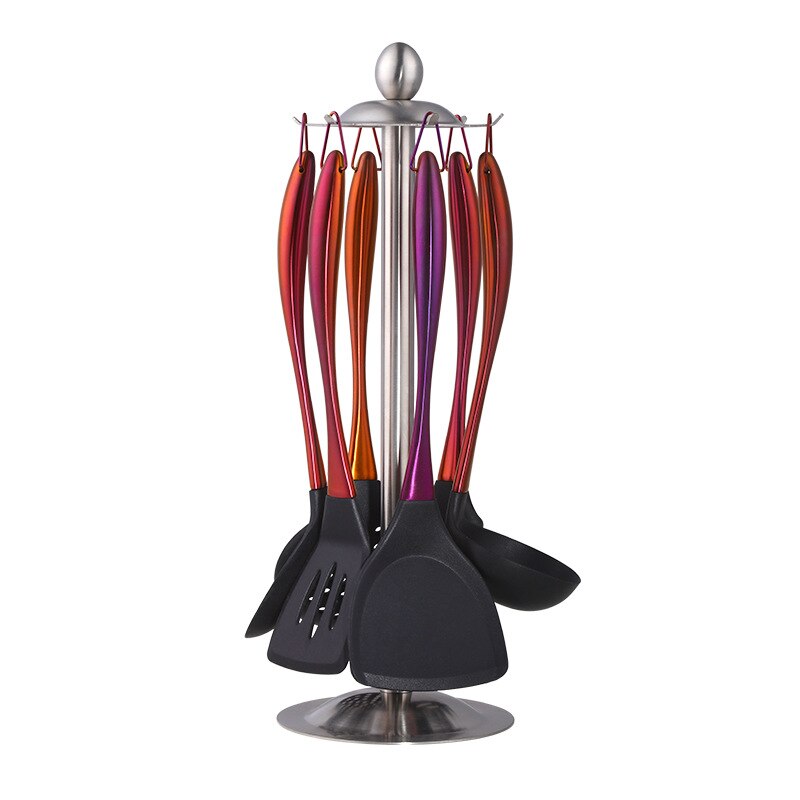 7pcs/set Solid Color Silicone Kitchenware Household Kitchen Stainless Steel Handle Kitchenware Cooking Kitchenware Kithchenware: Red Gradient