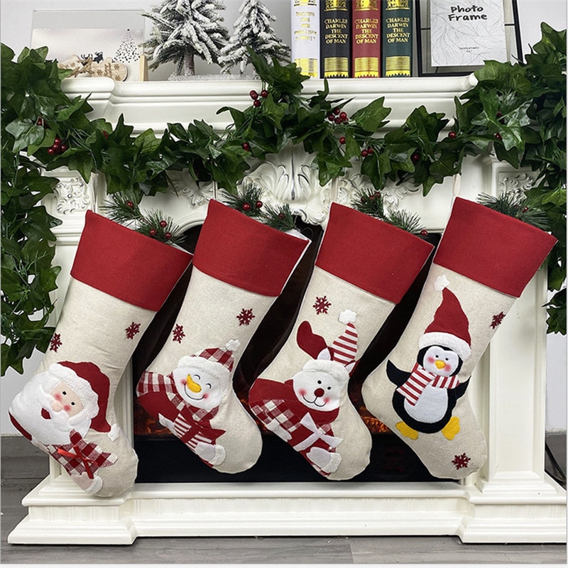 Leuke Grote Kerstsok Creatieve Santa Sneeuwpop Elanden Bag Snoepzak Kerst Decoratie Hanger