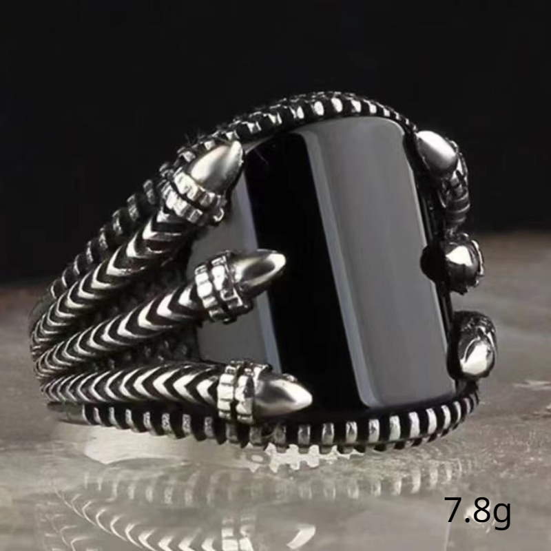 Anillo de piedras preciosas curvadas negras con patrón Retro europeo y americano para hombre, anillo de Punk