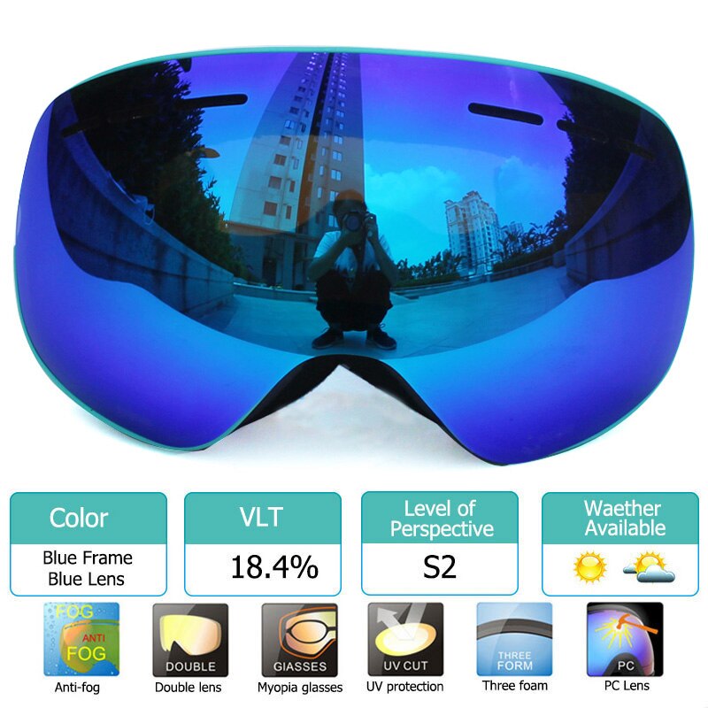 100% UV400 Bescherming Magnetische Ski Bril Lens Anti-Fog Snowboard Goggles Voor Mannen &amp; Vrouwen Skiën Bril: Blauw