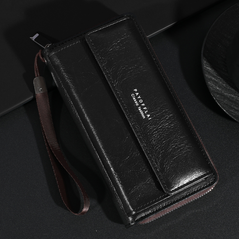 Men's PU Zipper Handbag Large Capacity Long Wallet Clutch Bag Phone Bag Multi card Card Holder Coin Purse Wallet Double Layer: black