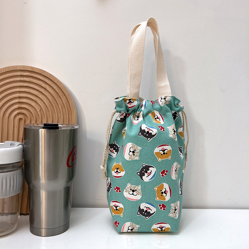 Draagbare Canvas Isolator Hoes Tas Thermoszak Cartoon Foto 'S Sluiting Trekkoord Opbergtas Vacuüm Cup Set: Dull