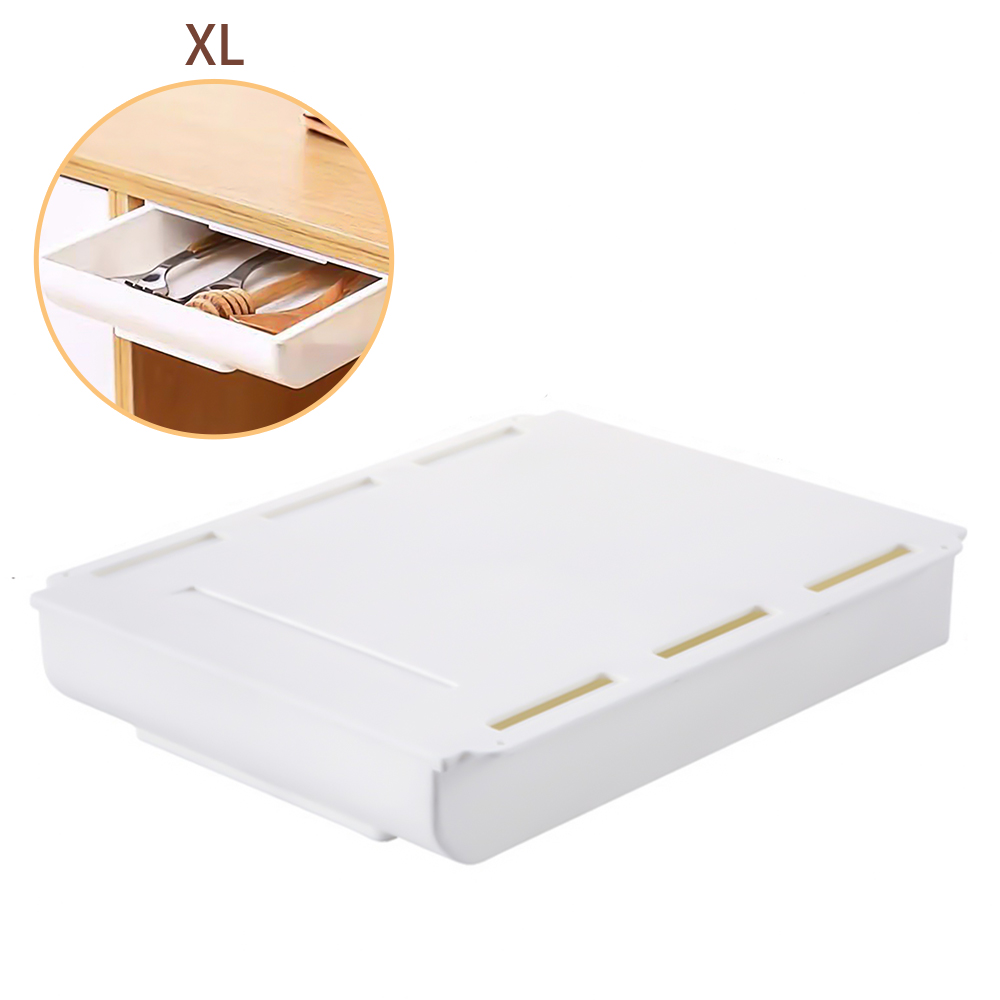 Creativity Self Stick Desk Drawer Hidden Storage Box Stationery Case Pencil Tray Pen Holder Makeup Organizer For Office Home: White   XL