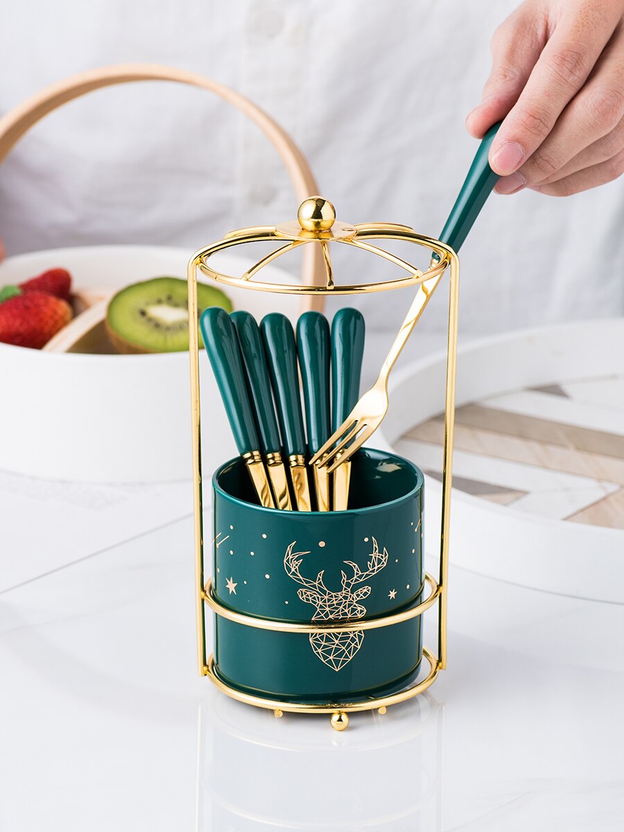 Nordic Ceramic Stainless Steel Fruit Fork Storage Tube Dessert Fork Cake Fork Fruit Fork Storage Pot Living Room Fruit Fork Set
