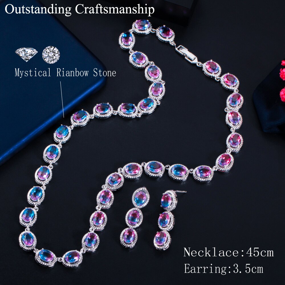 CWWZircons SchöNe Regenbogen CZ Mystischen Stein Runde Tropfen Frauen Partei Halskette Ohrringe Braut Hochzeit Schmuck setzt T520