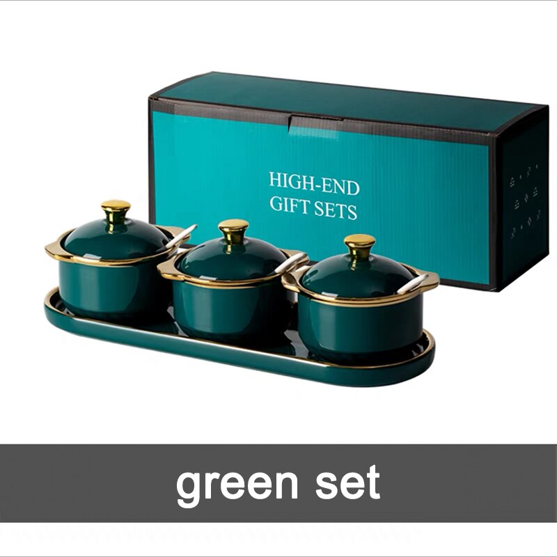 Cuenco de cerámica con tapas y cuchara para azúcar, juego de frascos de especias para condimentos de lujo, contenedor de almacenamiento de azúcar para Cocina: green set